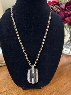 Art Deco Style Gold-Tone Black Stone & Crystal Pendant Necklace